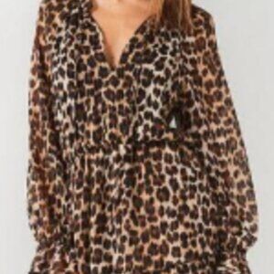 Stelen Long Sleeve Leopard V Neck Mini Dress Cinched Waist Brown Black Size M
